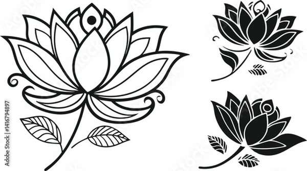 Fototapeta Black Lotus Flower Icons for Yoga and Wellness Design | Minimal Lotus Flower Silhouettes for Meditation Projects | Elegant Lotus Icon Set for Branding and Logos | Lotus Flower Clipart in Black