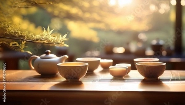 Fototapeta A tranquil tea ceremony setting with delicate cups and soft natural lighting