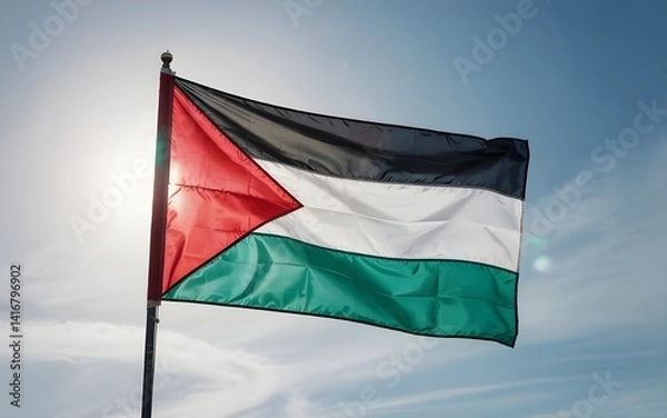 Fototapeta High-resolution closeup shot of Palestine national flag isolated on white background with detailed fabric texture featuring black white green stripes and red triangle symbolizing national identity, re