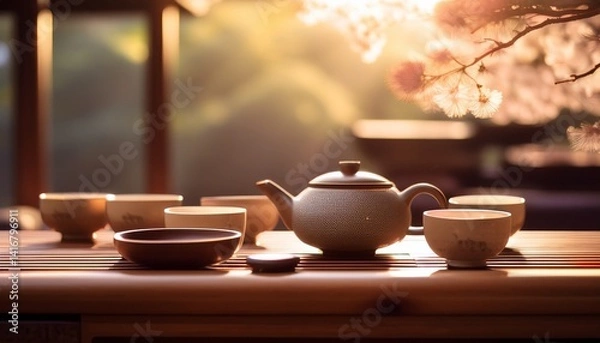 Fototapeta A tranquil tea ceremony setting with delicate cups and soft natural lighting