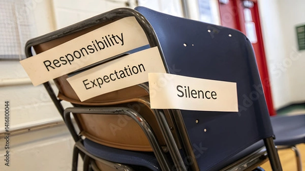Obraz Chair Burdened with Family Labels Like Responsibility and Expectation. Perfect for: Mental Health Awareness Week, Family Day, therapy campaigns
