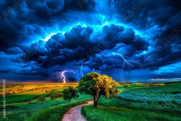 Fototapeta A dramatic sky filled with dark storm clouds, lightning bolts flashing in the distance, as the wind bends the trees. Generative AI