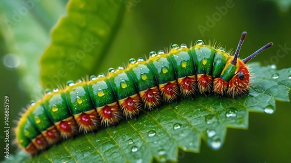 Fototapeta A vibrant caterpillar resting on a lush green leaf, the image showcases a close-up view with ultra high detail, The background is softly blurred.