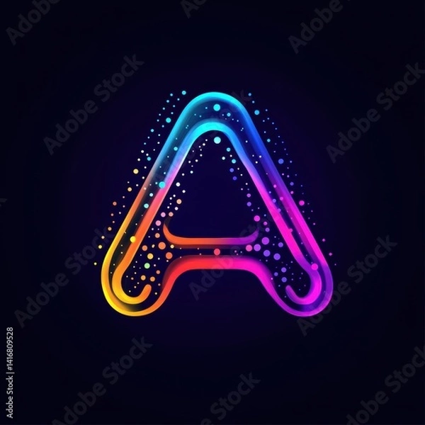 Fototapeta Glowing Neon Letter A with Colorful Dots on Dark Background for Modern Design Projects