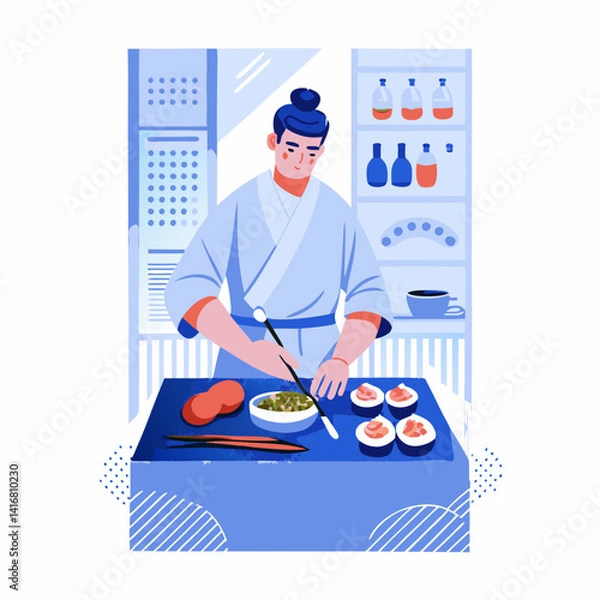 Fototapeta A person making a sushi roll image. Flat style. Vector illustration.