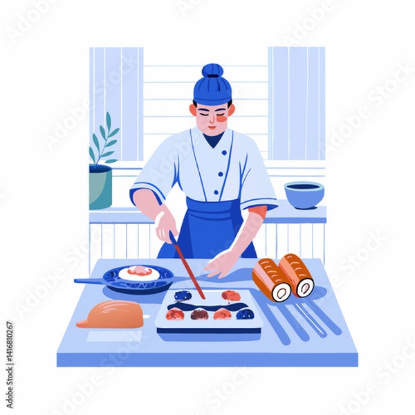 Fototapeta A person making a sushi roll image. Flat style. Vector illustration.