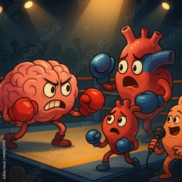 Obraz A humorous cartoon brain and heart face off in a boxing ring, symbolizing the classic struggle between logic and emotion