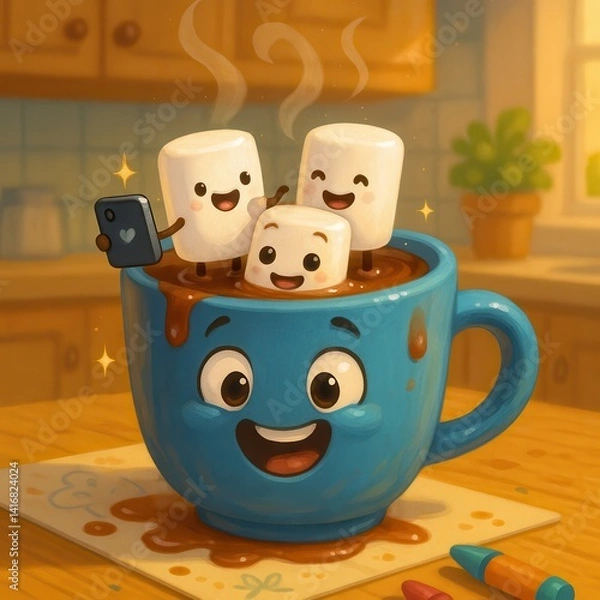 Obraz Three marshmallows enjoy a warm hot chocolate bath in a smiling mug, taking selfies in a cozy kitchen environment