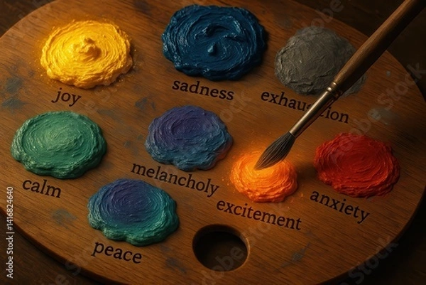 Fototapeta A wooden artist’s palette with paint blobs representing various emotions, creatively visualized with warm lighting and a glowing brush stroke