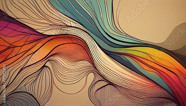 Fototapeta Fondo de pantalla abstracto con colores futuristas y líneas en neon. Perspectiva con un punto de fuga.