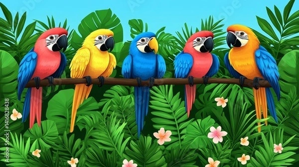 Fototapeta Five vibrant macaws perched on branch amidst pixelated tropical foliage in cheerful wildlife scene evoking digital art and playful nature motifs