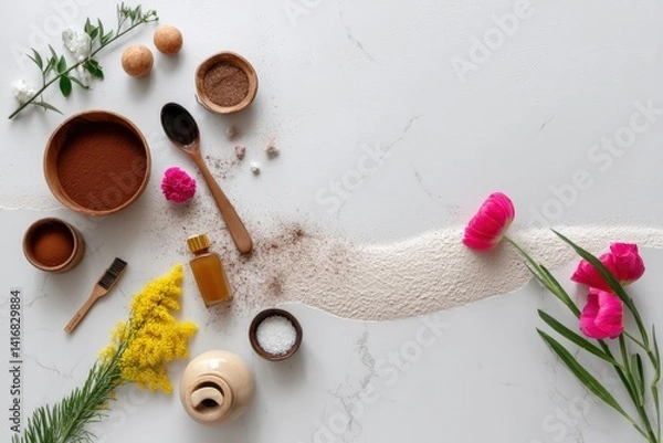 Obraz Natural cosmetics ingredients forming a winding path on marble countertop