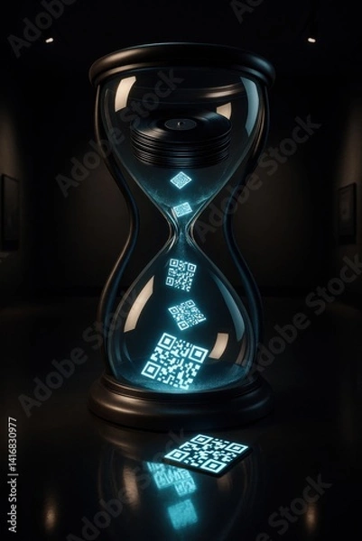 Obraz A futuristic hourglass flows with glowing QR codes instead of sand, symbolizing time, data, and digital transformation