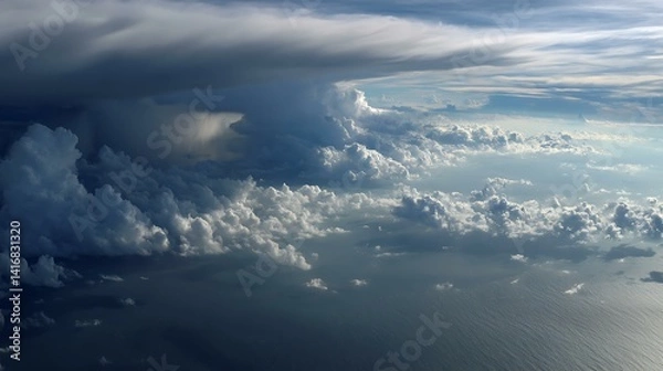 Fototapeta A panoramic view of storm clouds churning over the ocean with visible rainfall in the distance