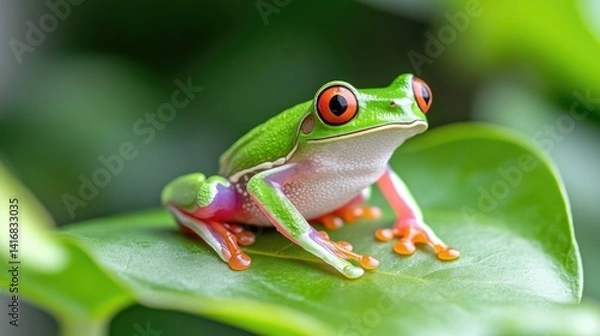 Fototapeta Vibrant red-eyed tree frog on a lush green leaf