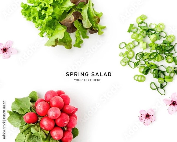 Obraz Lettuce, radish, onion and cherry flowers spring salad photography isolated on white background.