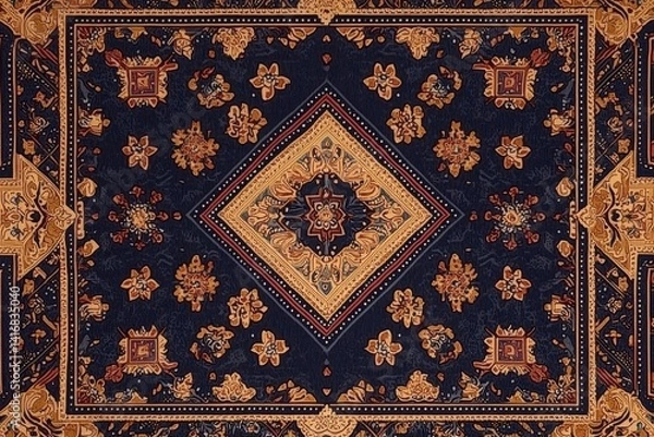 Obraz Intricate floral pattern on a blue & gold carpet with central diamond