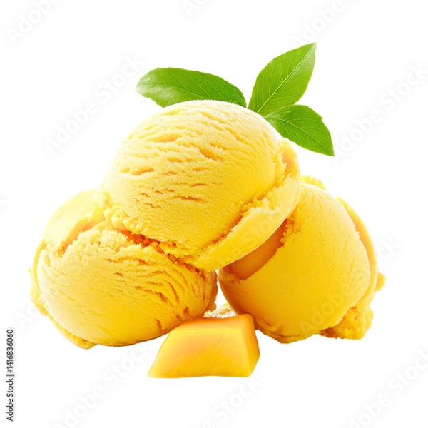 Fototapeta Mango Ice Cream Delight: A visual feast of creamy mango ice cream scoops, enhanced with a hint of fresh green leaves, promising a refreshing treat for any occasion.