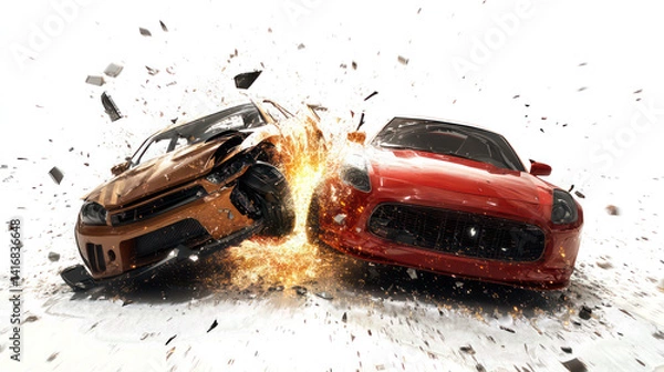 Obraz High-Speed Car Crash Collision Between Red and Yellow Sports Cars with Explosive Impact and Debris – Isolated on White Background