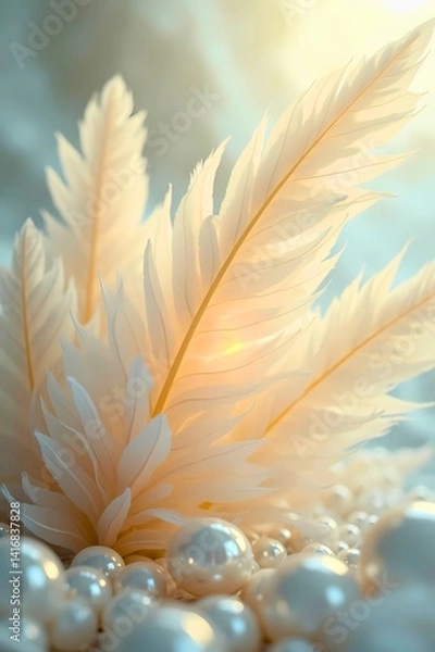 Fototapeta Golden feathers and pearls in soft light
