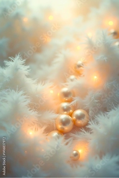 Fototapeta Golden pearls glowing in soft white feathers
