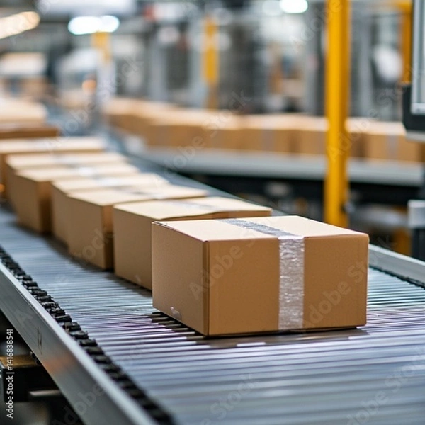 Fototapeta Efficient Cardboard Box Packaging Conveyor Belt System Modern Warehouse tape line gray boxes chain  