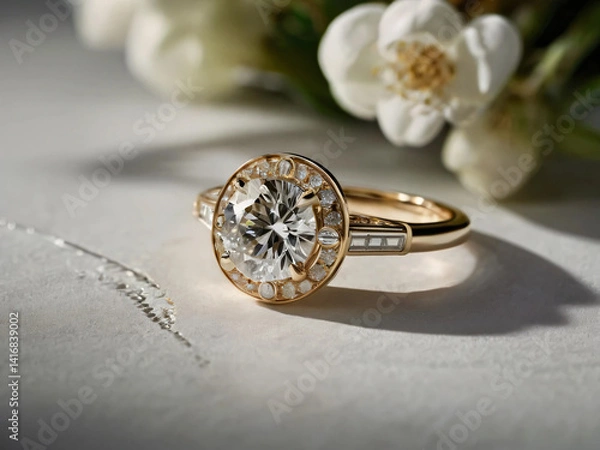 Fototapeta A wedding ring with a sparkling diamond.