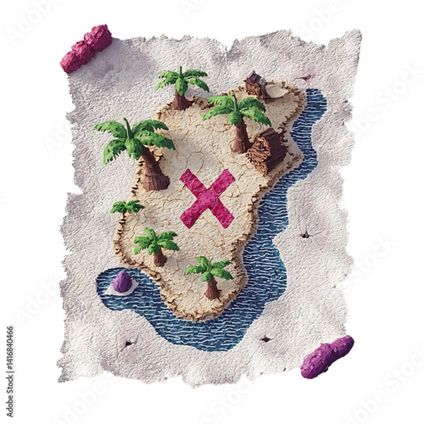 Fototapeta Png of A colorful treasure map depicting a sandy island marked with an 'X' and palm trees, evoking adventure and exploration.