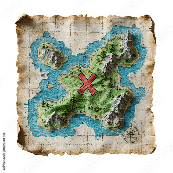 Fototapeta Png of A vintage treasure map depicting an island with marked X spot, surrounded by mountains and water.