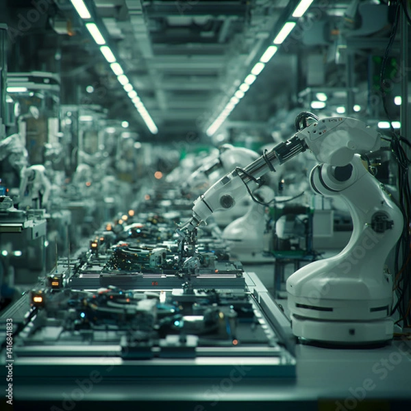 Fototapeta Automated robotics assembly electric vehicle manufacturing facility production line industrial environment technological innovation