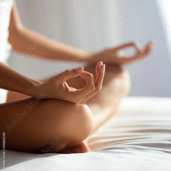 Obraz Mindfulness Meditation Pose on Bed in Natural Light, Wellness and Self-Care