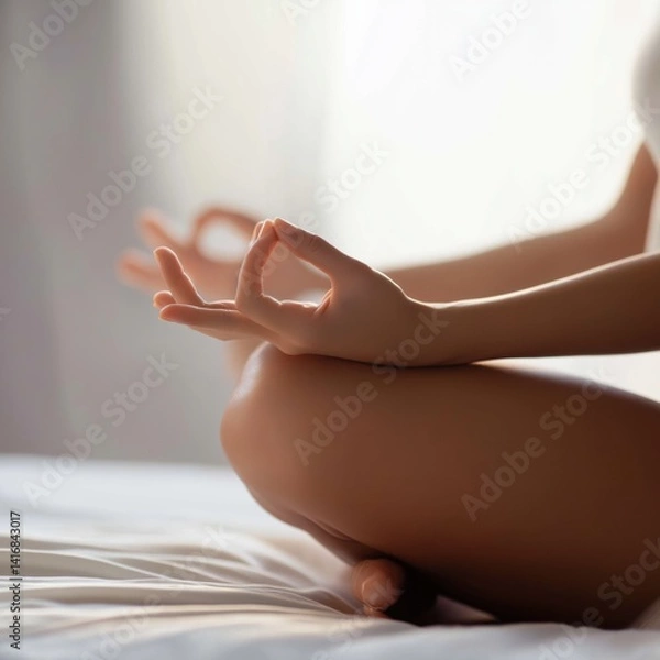 Obraz Mindfulness Meditation Pose on Bed in Natural Light, Wellness and Self-Care