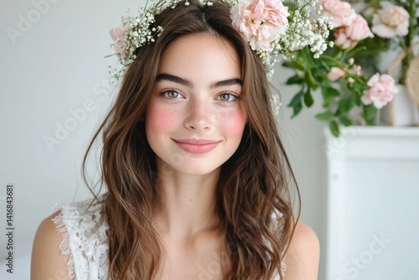 Fototapeta Spring makeup tutorial featuring pastel greens floral accents indoor setting bright natural light fresh and radiant look for a vibrant spring aesthetic