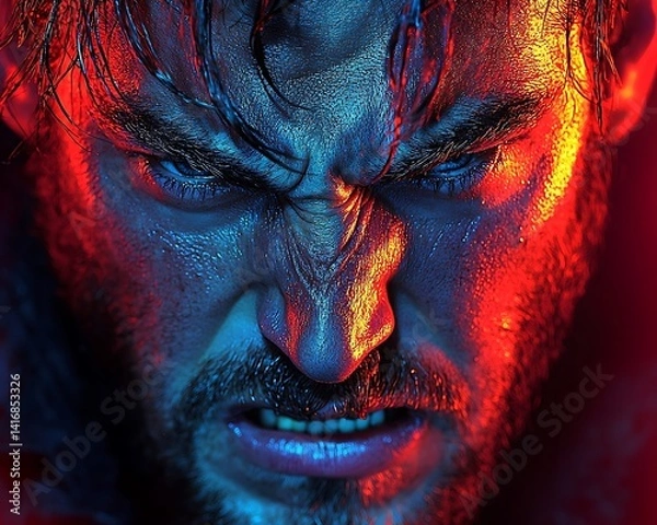 Fototapeta Intense close-up portrait of a man's face in vibrant lighting.