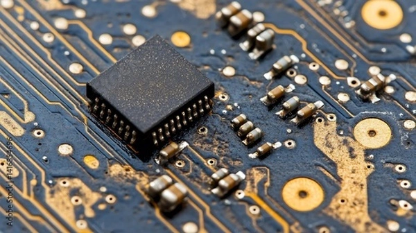 Fototapeta Close-up view of a microchip mounted on a circuit board.