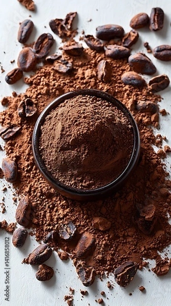 Fototapeta Dark, rich cocoa powder nestled in a small bowl, surrounded by cacao beans.