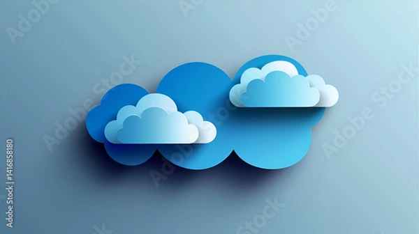 Fototapeta Stylized blue clouds with soft shadows on a light blue background in a simple graphic design