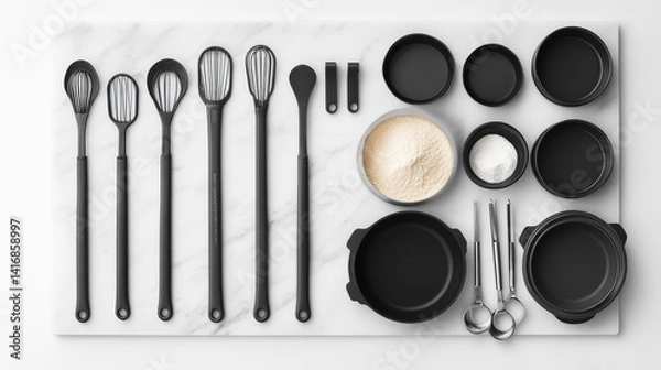 Fototapeta Baking ingredients and measuring tools neatly arranged on marble