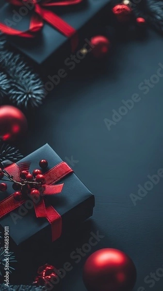 Fototapeta Moody, dark teal background with a navy gift box tied with a red ribbon and scattered red ornaments, evoking a festive, wintry mood