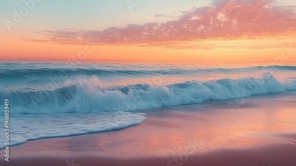 Fototapeta Tranquil beach scene at sunset, with soft waves and a sky painted in warm hues of orange and pink, creating a peaceful atmosphere. --