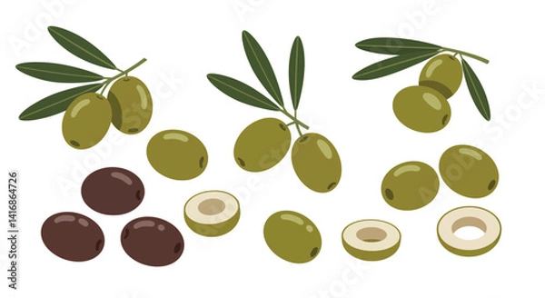 Obraz Green and black olives with leaves in flat minimal style detailed vector illustration