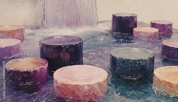 Fototapeta Multicolored cylindrical structures immersed in a flowing water feature.