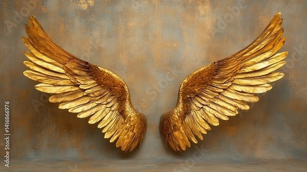Obraz A pair of gold angel wings in a photography studio backdrop. Potential graphic resource for use by photographers. 