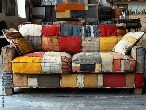 Fototapeta Intricate patchwork sofa with bold color scheme.
