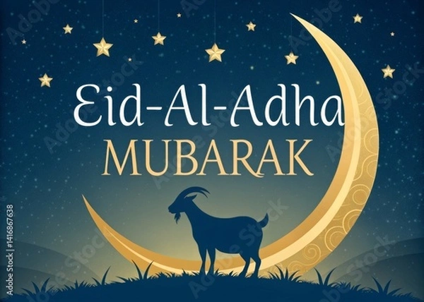 Fototapeta Eid Al-Adha Mubarak Greeting with Silhouette Goat and Crescent Moon
