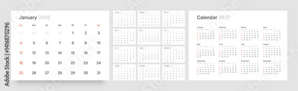 Fototapeta Monthly calendar layout for 2026 year. Diary planner for 2026 year. Week Starts on Sunday. 