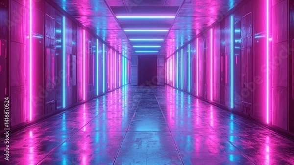 Fototapeta Neon corridor, futuristic, vibrant, and reflective.  A long hallway with metallic walls and floor, lit by vibrant pink and blue neon lights creating a dynamic and stylish atmosphere.