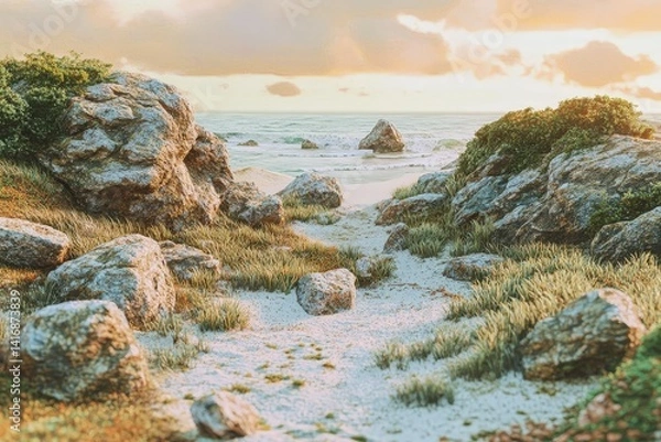 Obraz Coastal pathway through rocks at sunset.