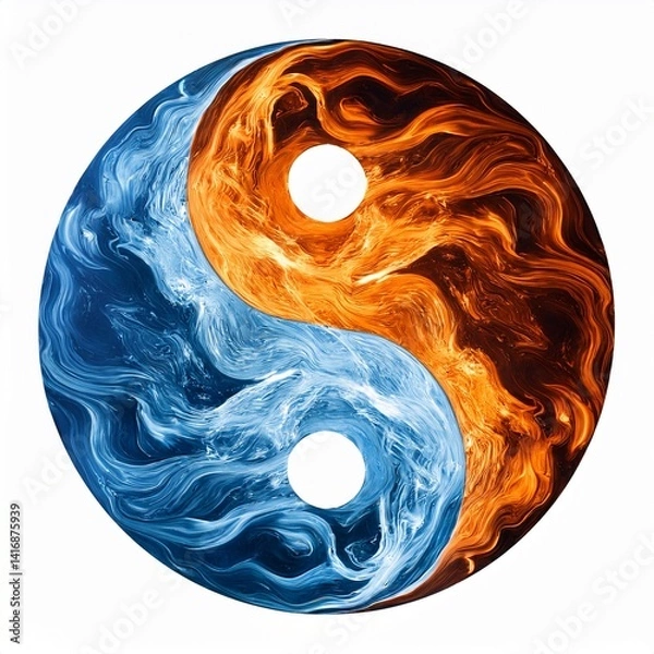 Fototapeta Yin-yang symbol, water and fire separated on white background.