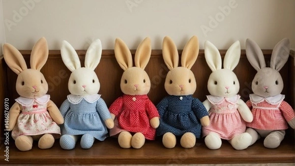 Fototapeta A Charming Collection: Six Plush Rabbit Dolls Dressed in Darling Dresses, Perfectly Aligned on a Wooden Surface.